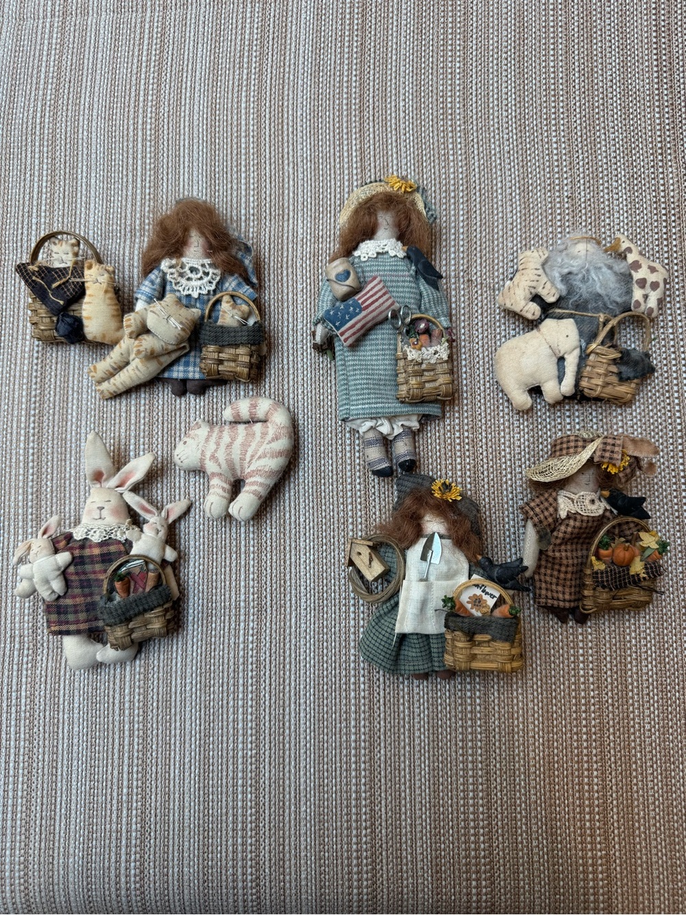 Handmade Country Doll and Animal Fabric Pins Set - Green, Blue, Brown